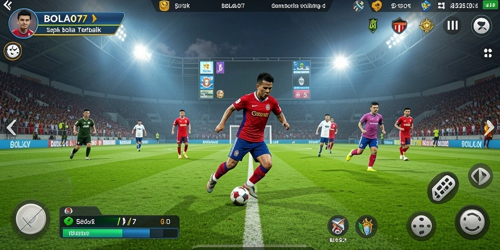 Tampilan gameplay menyerupai pertandingan sepak bola nyata dengan gerakan dinamis.